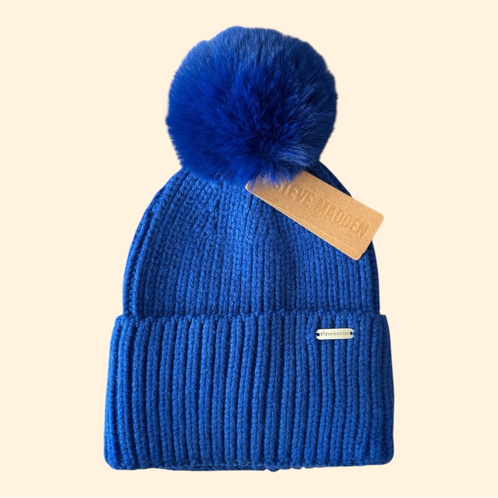 Steve Madden Women's Wide Cuff Space Dye Faux Fur Pom Beanie in cobalt blue